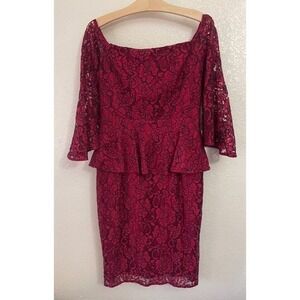 Laundry by Shelli Segal Red Lace Off Shoulder Peplum Bell Sleeve Dress Size 6